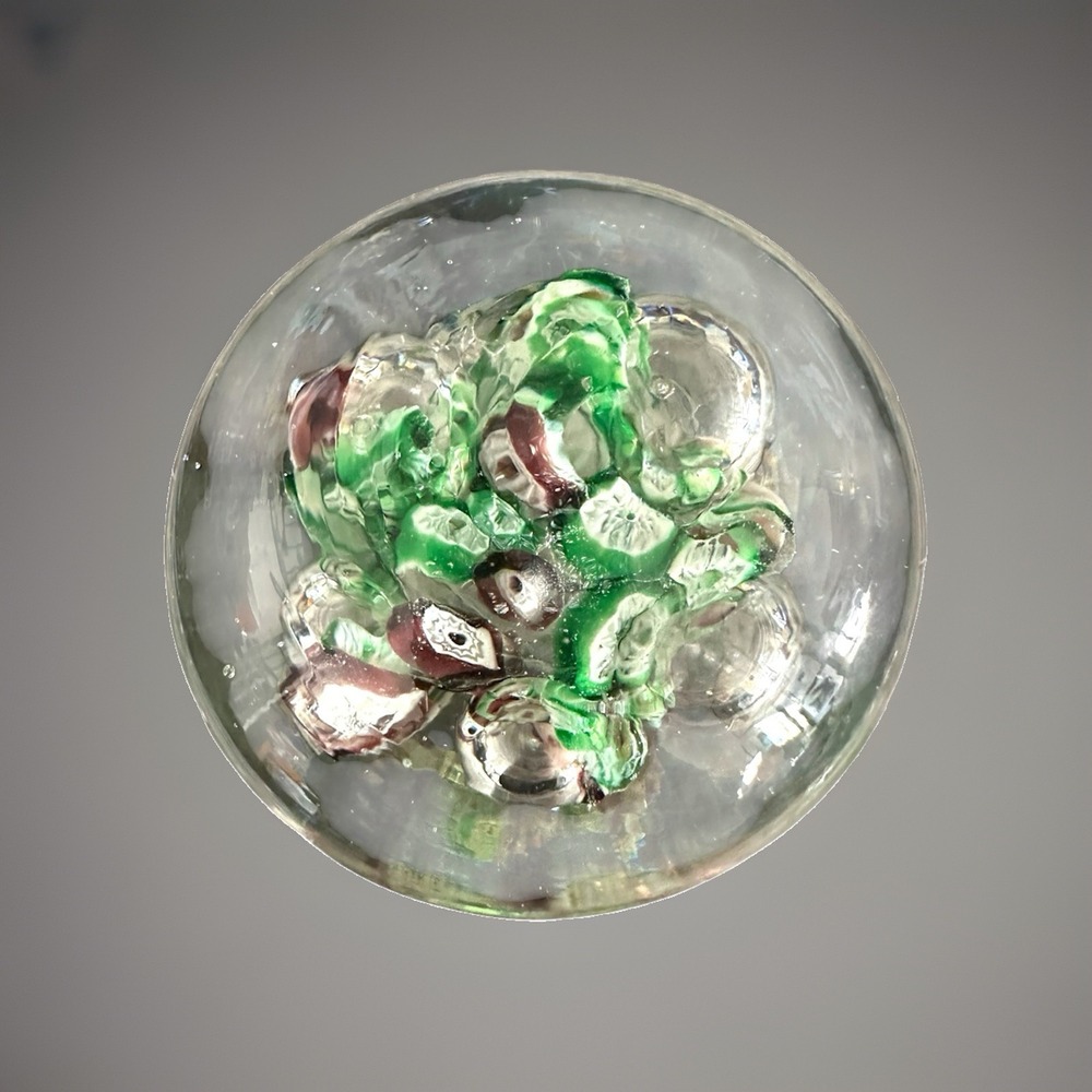 Vintage Hand Blown Art Glass Paperweight Red Green Murrini Air Bubble 2" EUC